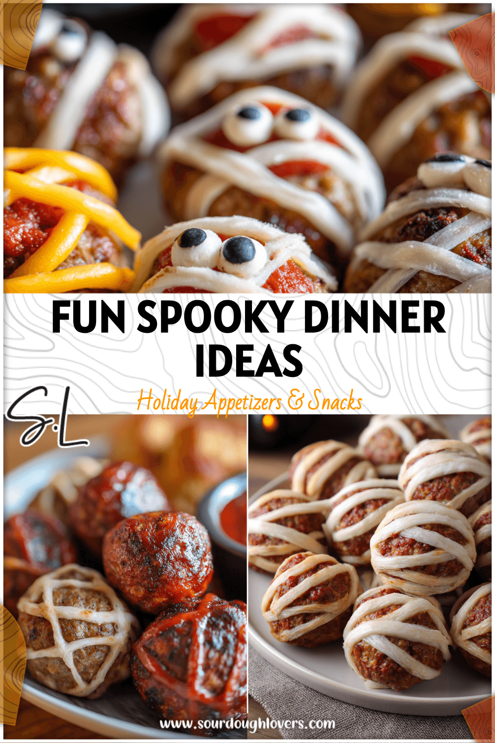 Plate of spooky mummy meatloaf bites and meatballs decorated for a family Halloween meal. 26